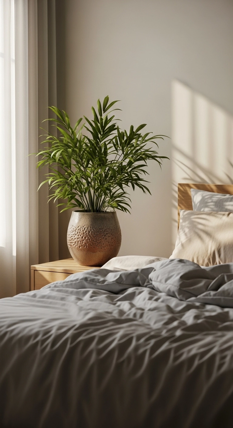 Calm bedroom ideas with a leafy plant and soft neutral bedding