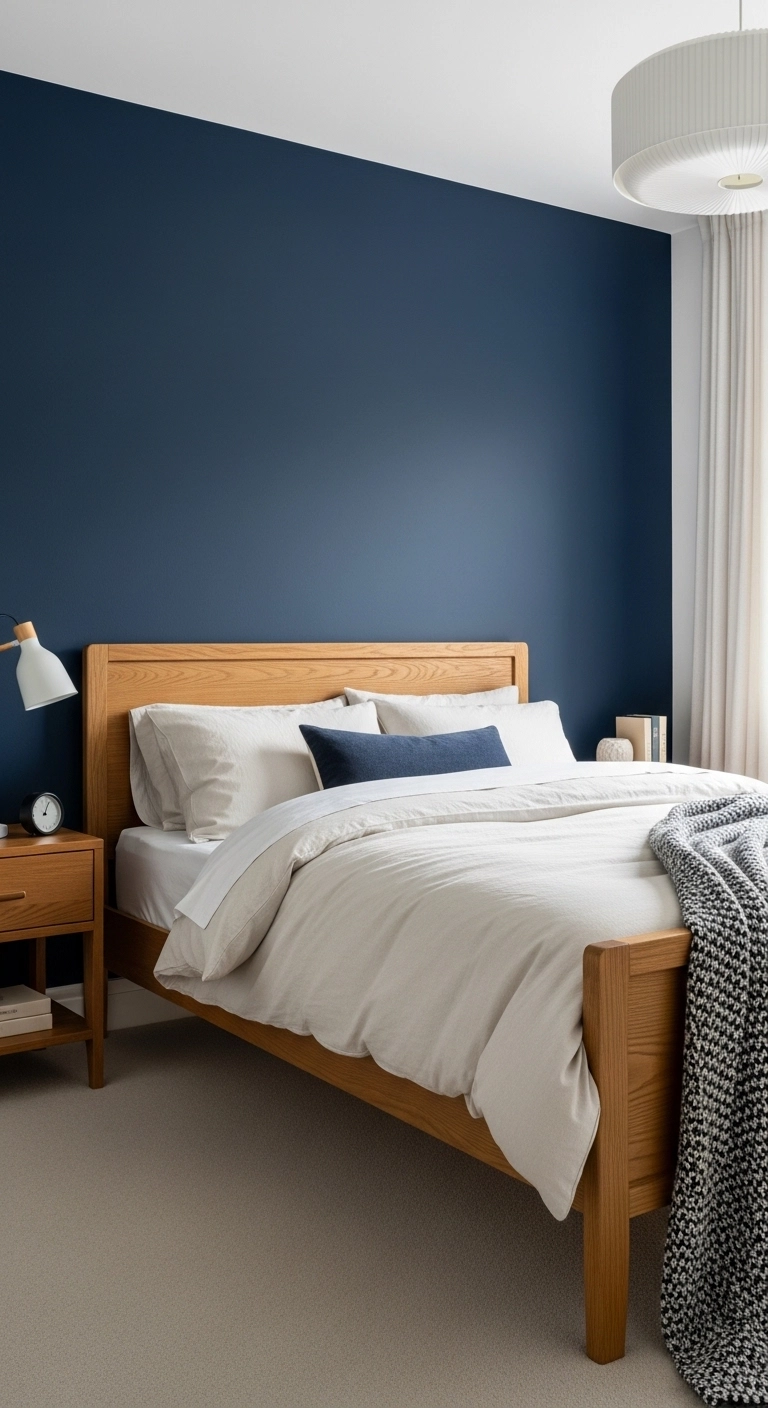 boys bedroom ideas with navy accent wall, oak bed, and cozy neutral bedding