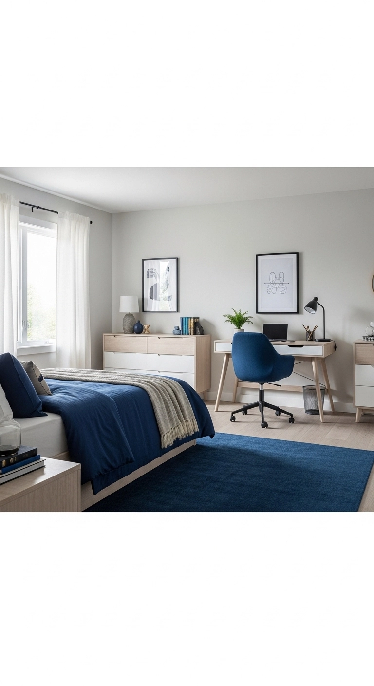 teenage boy bedroom ideas with navy accent bedding and rug
