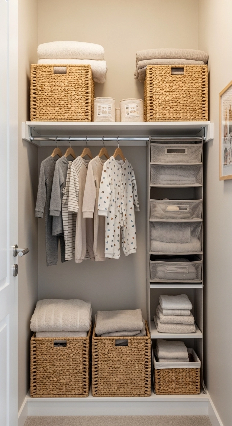 Small nursery ideas with neat open shelves and simple decor