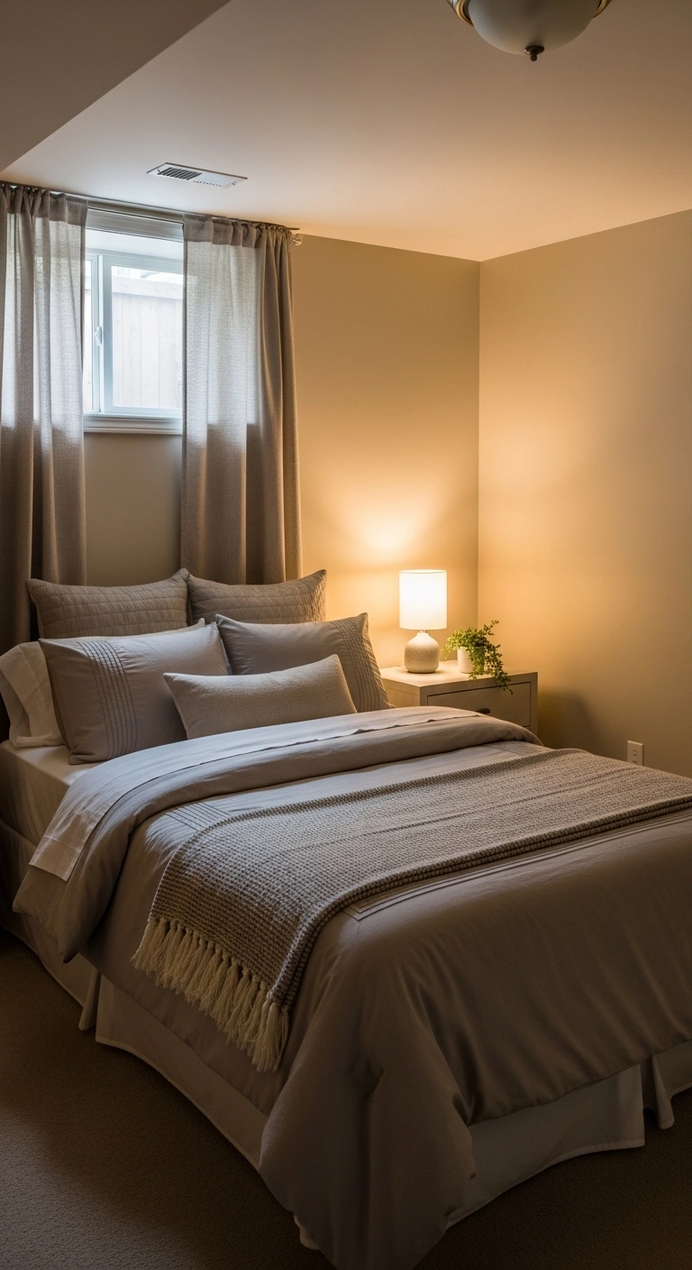 basement bedroom ideas with neutral curtains and soft daylight