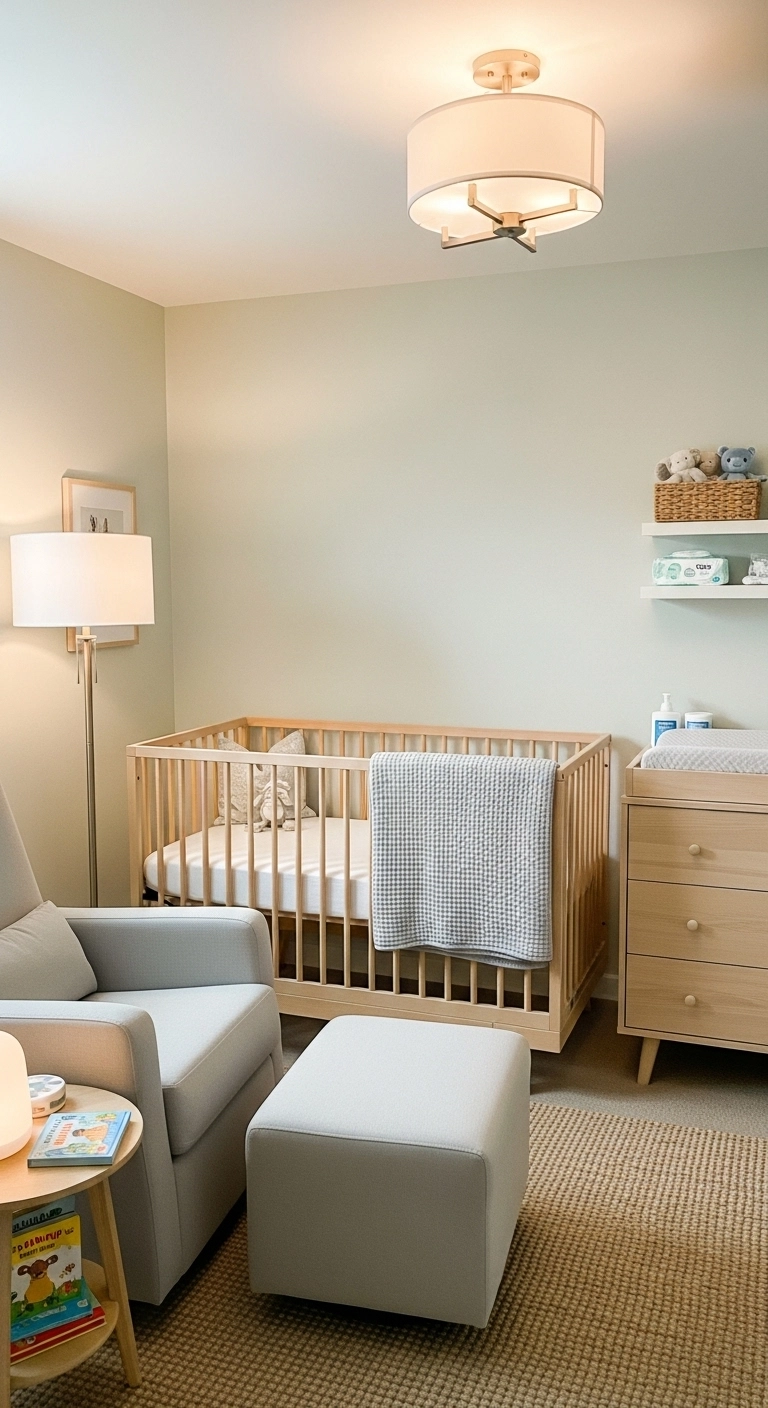 Baby nursery ideas with a practical layout for crib, chair, and changing station