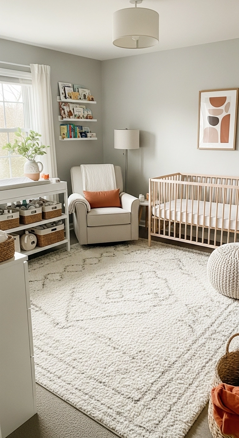 Baby nursery ideas with a large soft rug under the crib and chair area