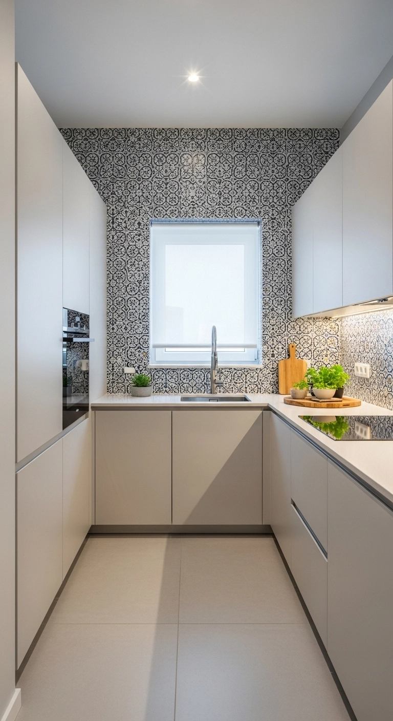galley kitchen ideas with one standout backsplash feature