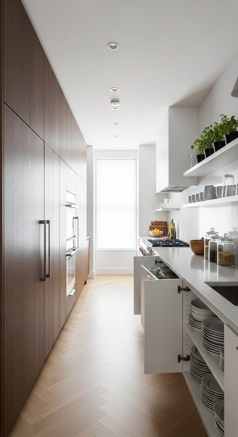 galley kitchen ideas with tall storage on one side and open space on the other