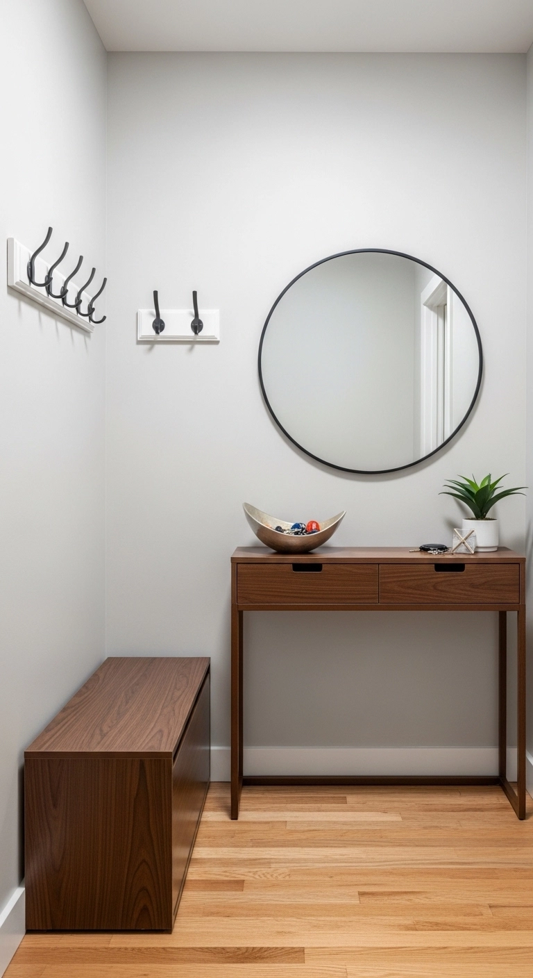 small entryway ideas using one wall for console hooks and shoe storage