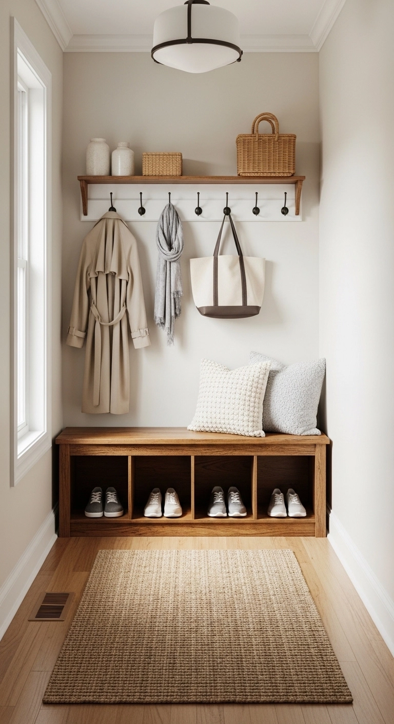 small mudroom ideas using one wall with bench and hooks