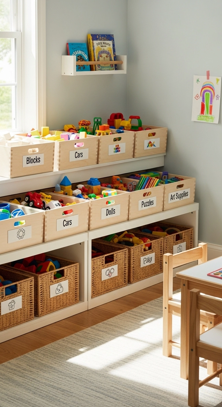 toy storage solutions with shallow open bins in a playroom