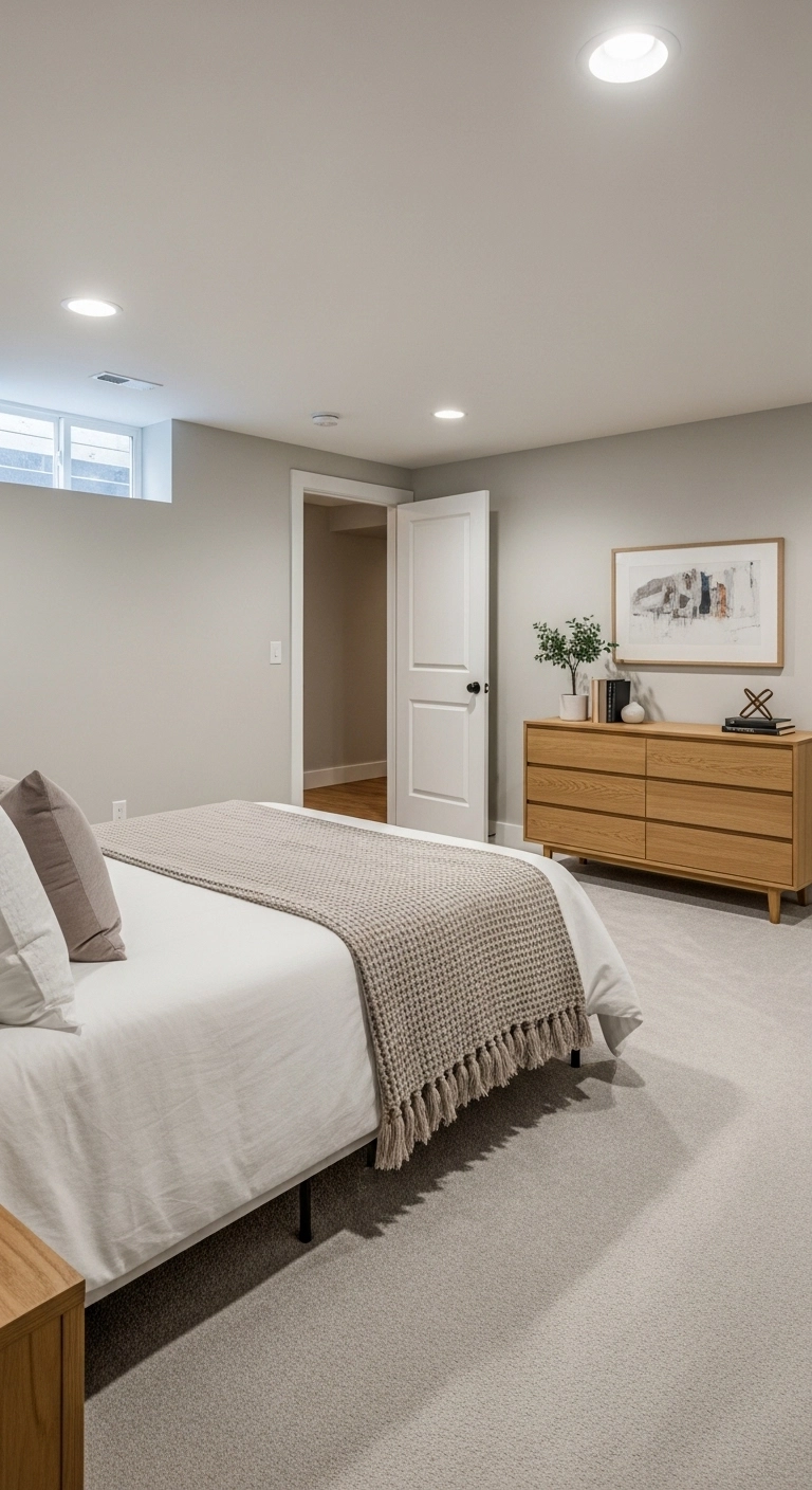 basement bedroom ideas with a simple open layout and clear floor space