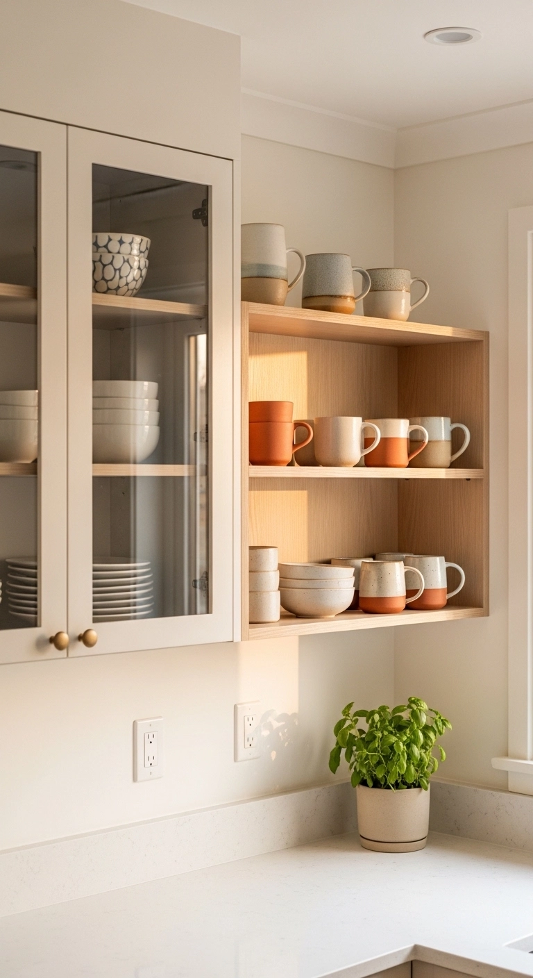 warm kitchen aesthetic with open shelf and glass-front cabinets