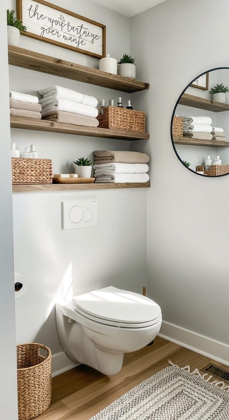 Farmhouse bathroom ideas with open wood shelves and simple rustic storage