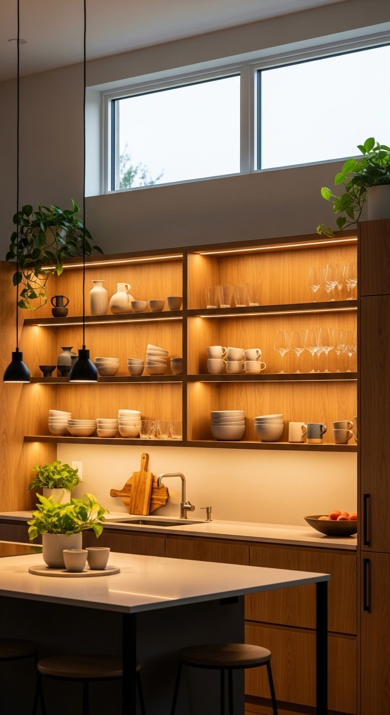 Kitchen lighting ideas with integrated lighting on open shelves