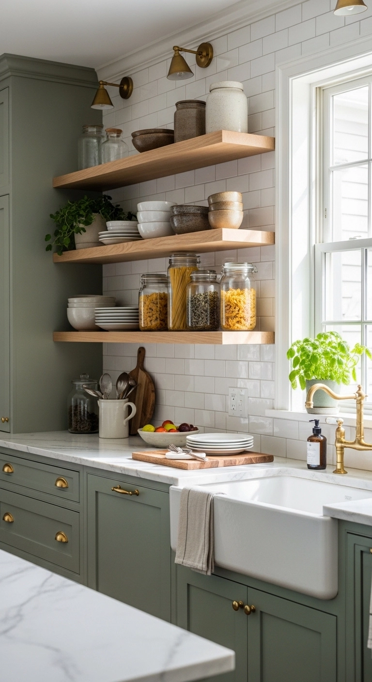 Kitchen cabinet ideas mixing closed cabinets with open wood shelves