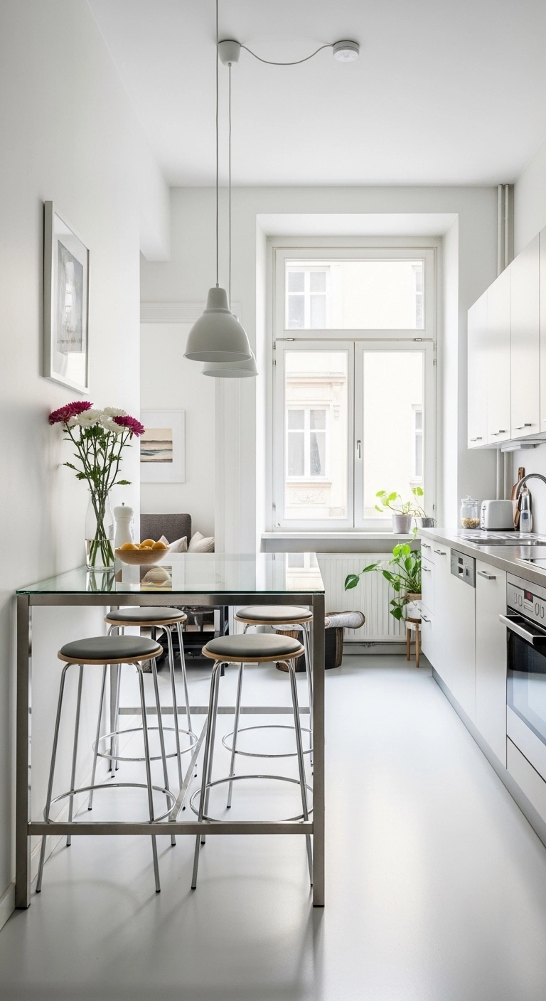 Glass and leggy furniture keep sightlines open in this small kitchen.