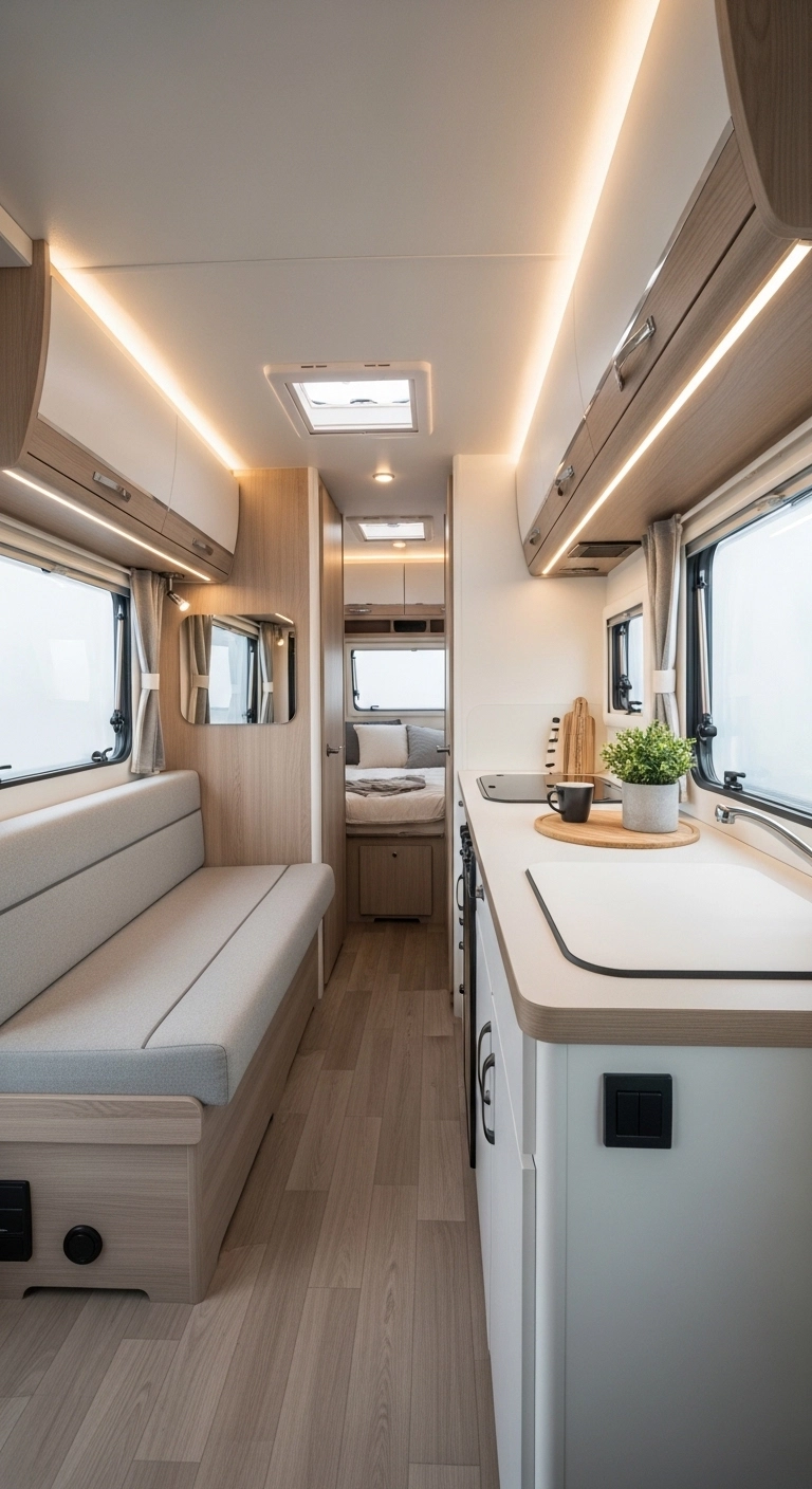 camper interior ideas with uncluttered open space and minimal decor