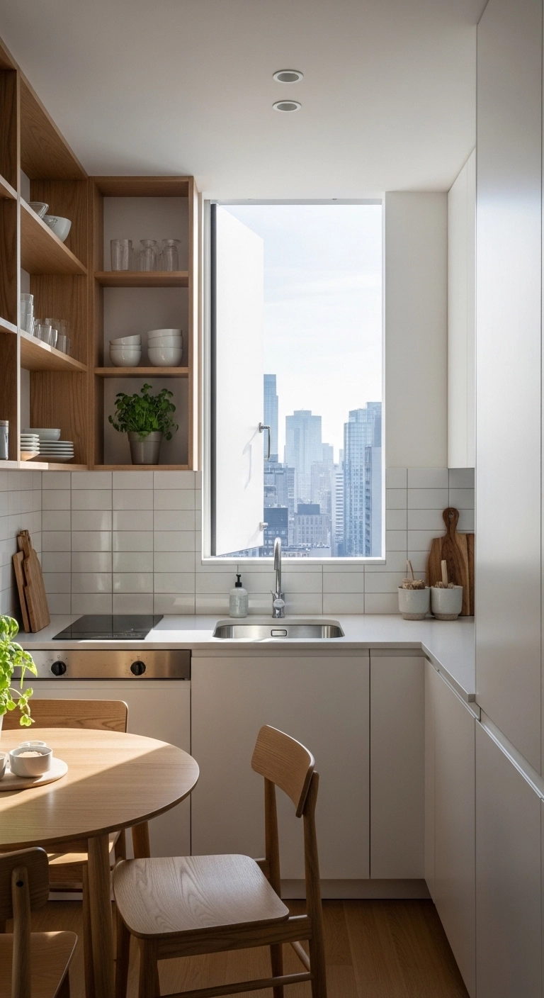 Small kitchen design ideas with open wall space and simple backsplash