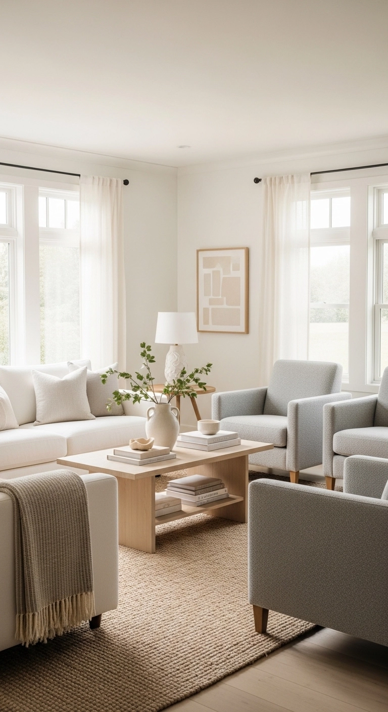 White living room ideas with open space and airy modern design