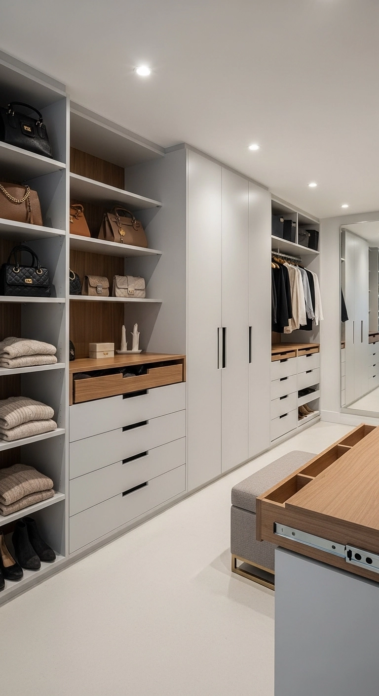 Walk in closet ideas with open shelving and closed drawers for a balanced layout