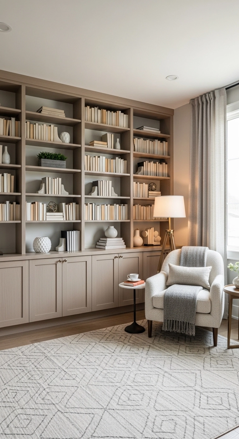 Library room ideas with open shelving and closed cabinet storage