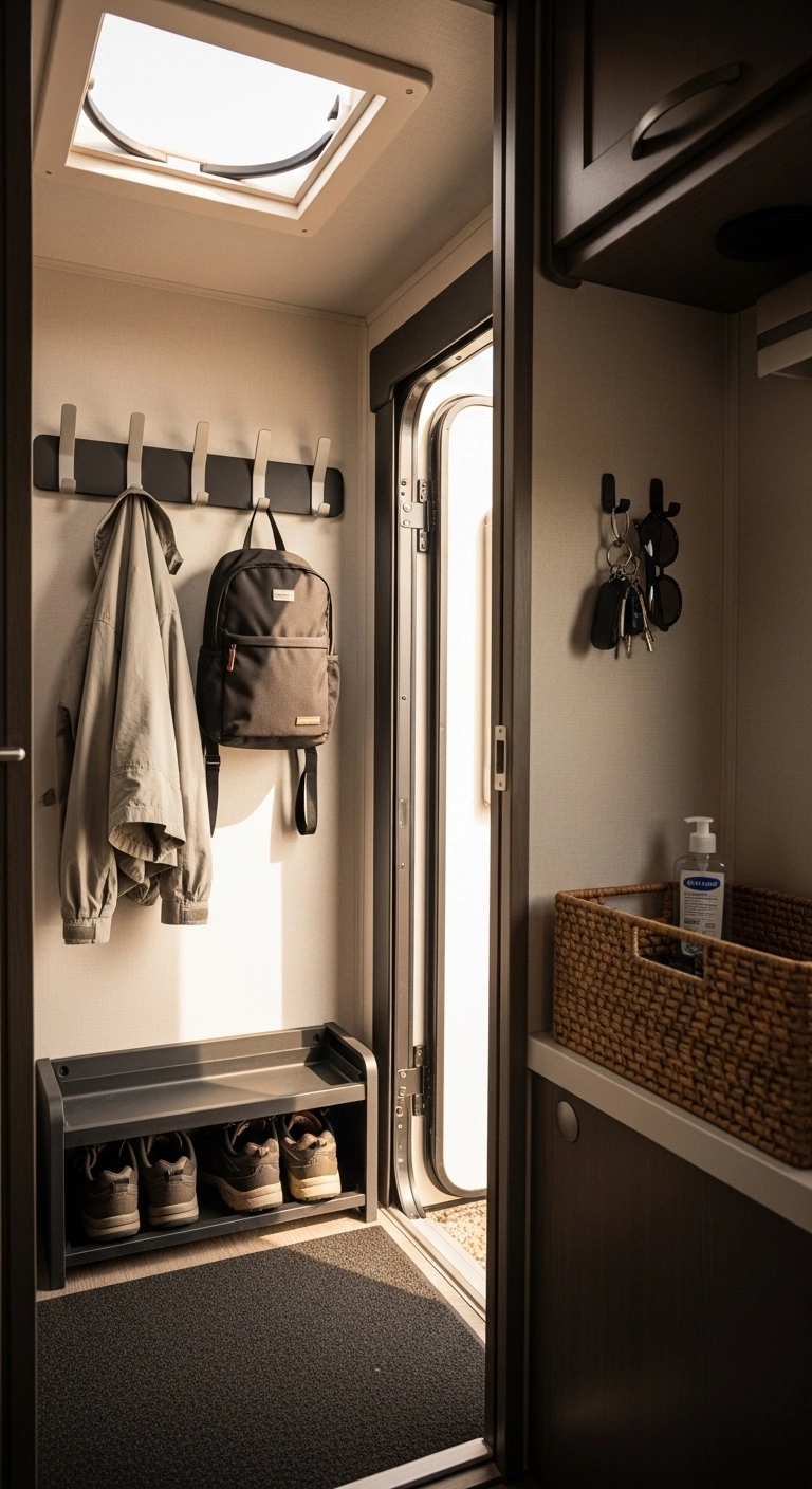 camper interior ideas with an organized entry drop zone near the door