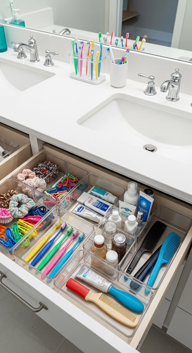 kids bathroom ideas with organized vanity drawers and bins