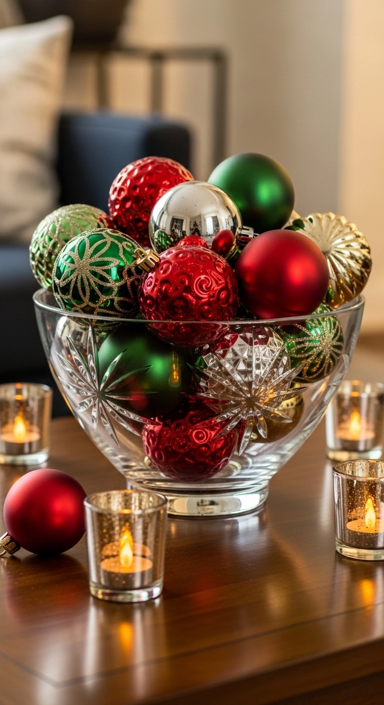 christmas apartment decor using ornaments in a glass bowl on a table