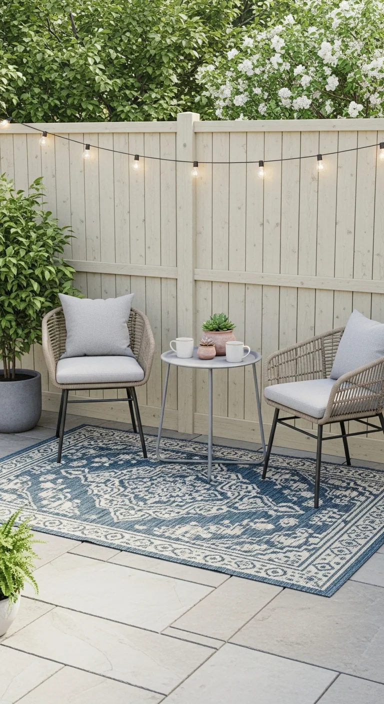 budget small backyard ideas with an outdoor rug under patio seating