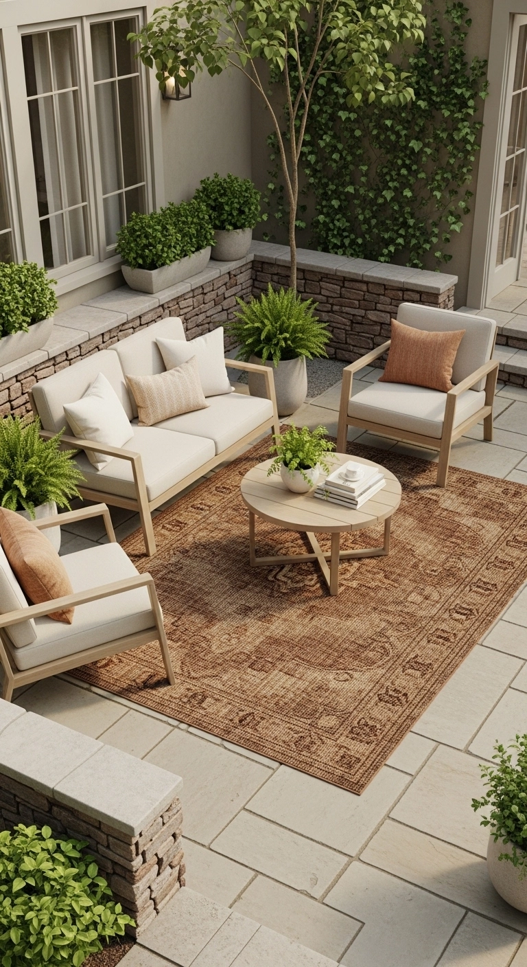 small backyard patio ideas with an outdoor rug grounding the seating area