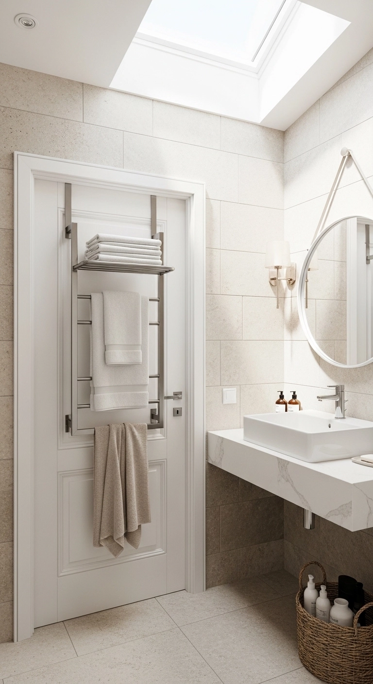 Bathroom towel hanging ideas with an over-the-door towel rack in a small bathroom