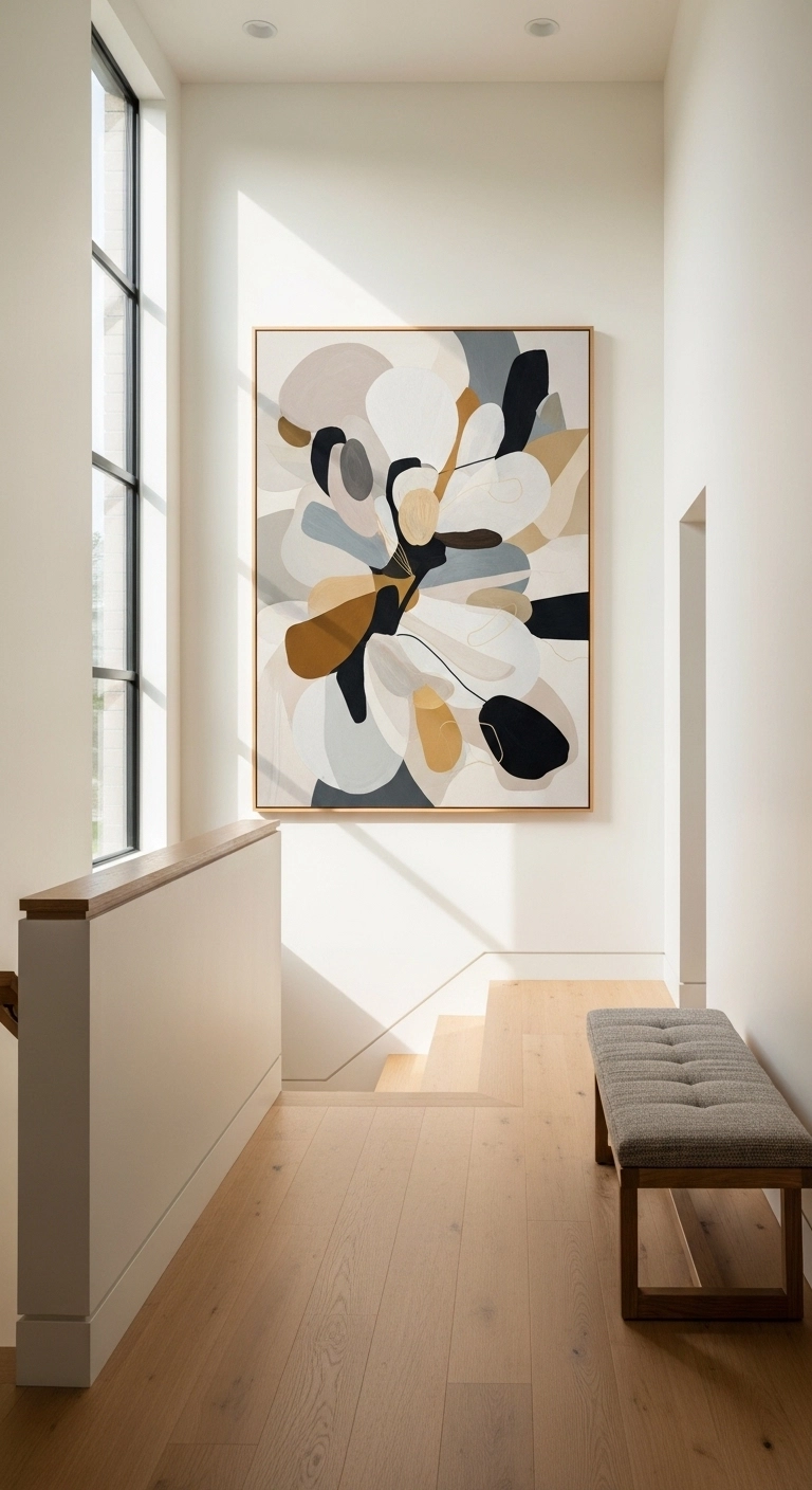 staircase decor ideas with oversized art on a stair wall