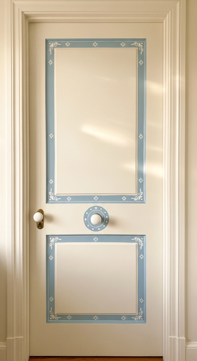 Door painting ideas showing a cream door with a soft blue painted border