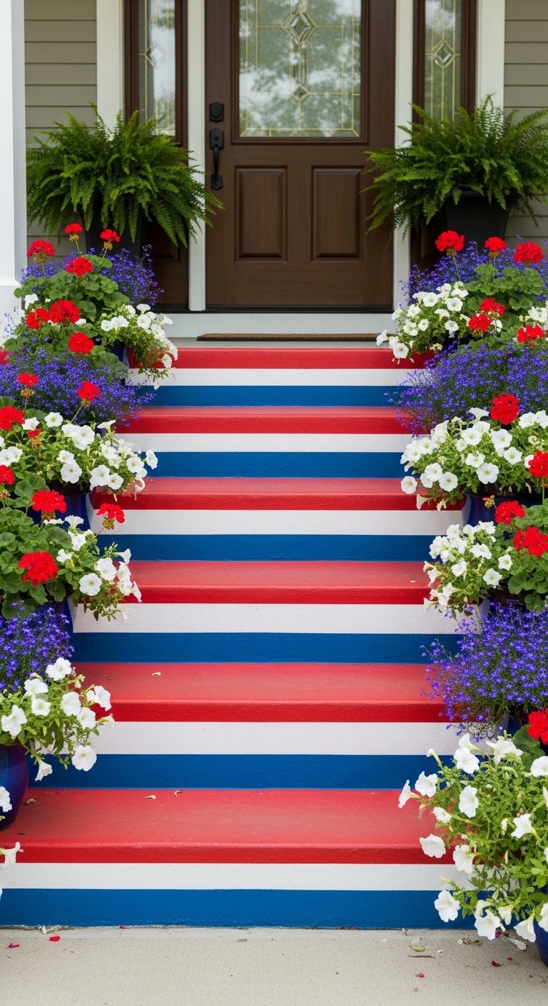 DIY 4th of July decorations with painted flower pots on a summer front porch