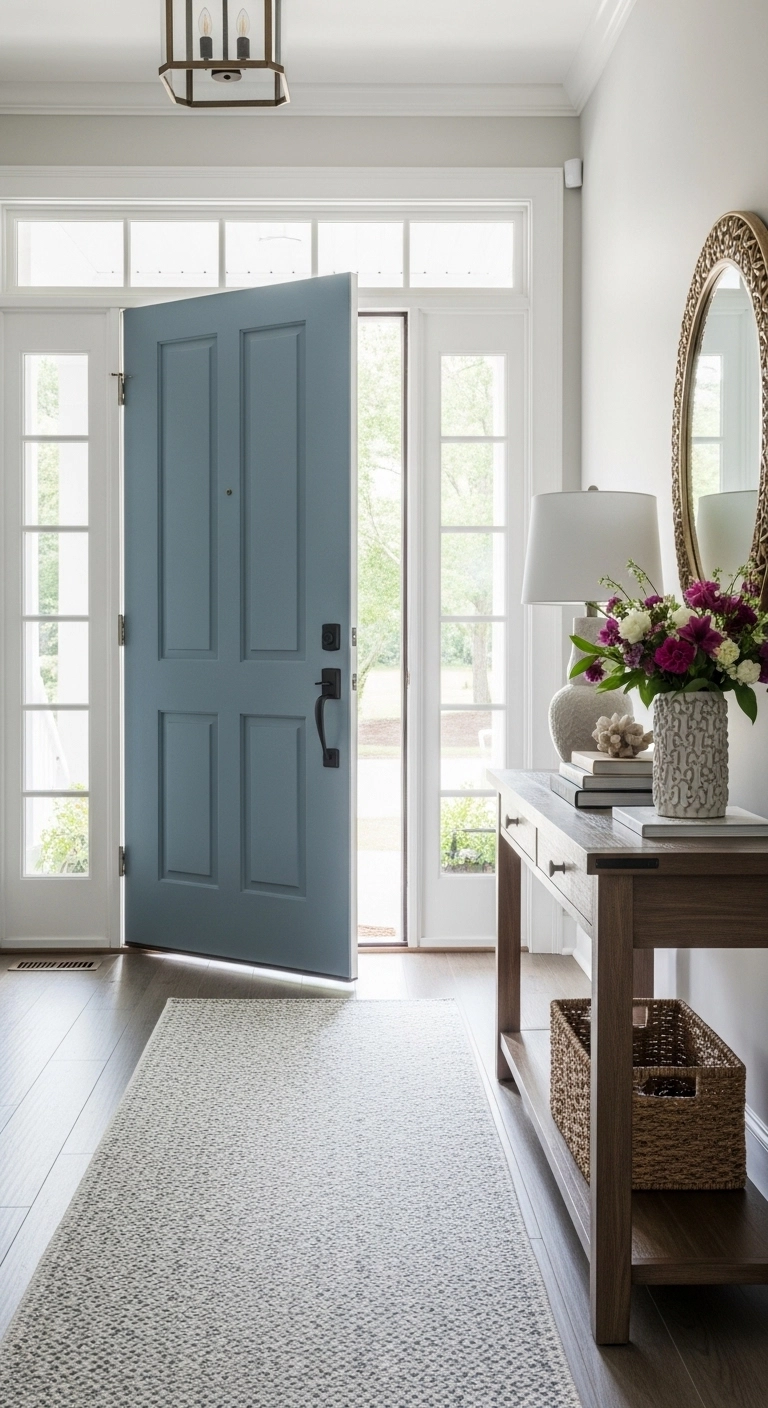 Door painting ideas showing the inside of a front door painted dusty blue