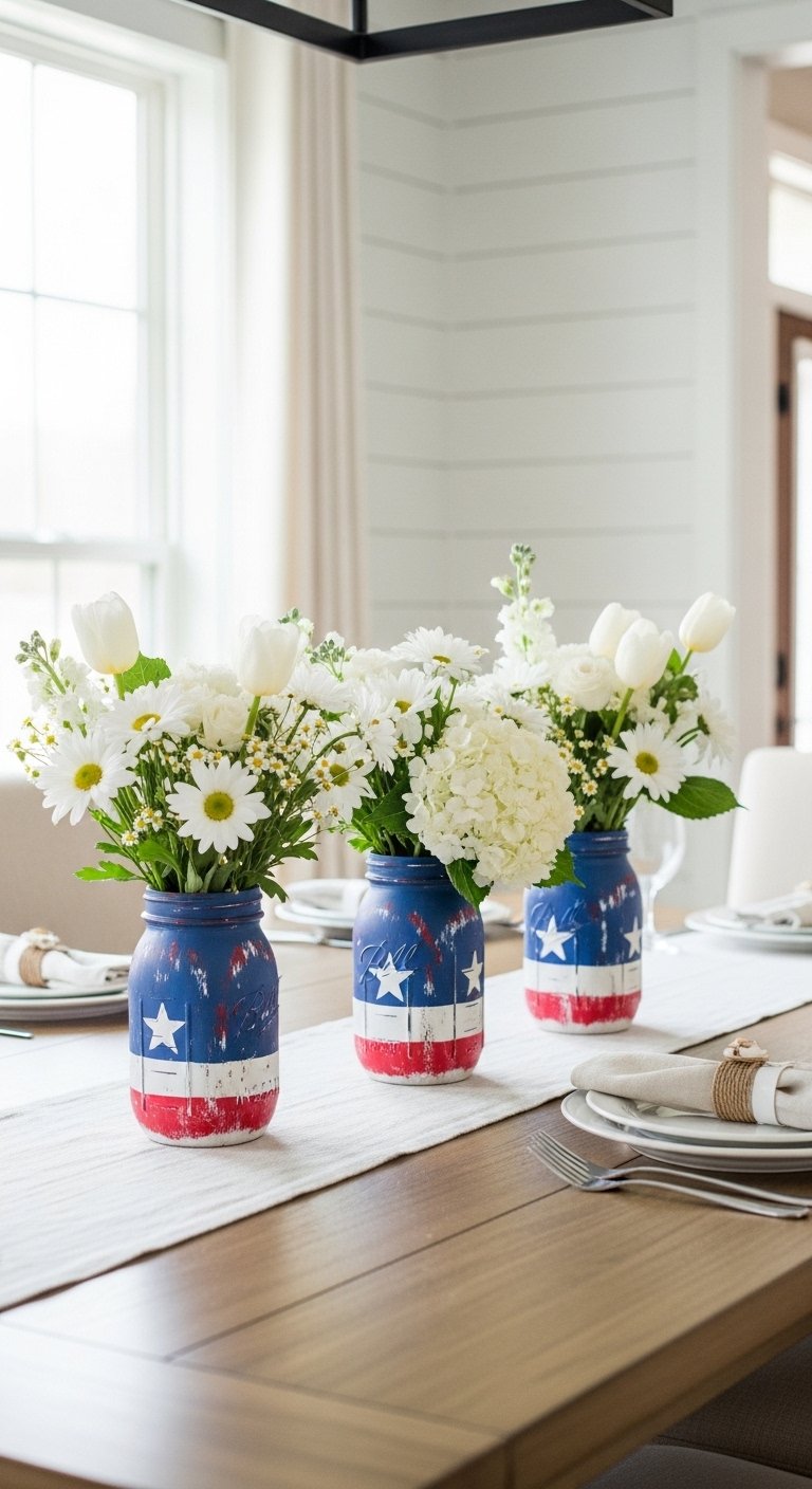 DIY 4th of July decorations using painted mason jars as a patriotic table centerpiece