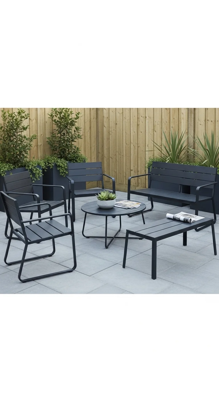 budget small backyard ideas with painted outdoor chairs and bench