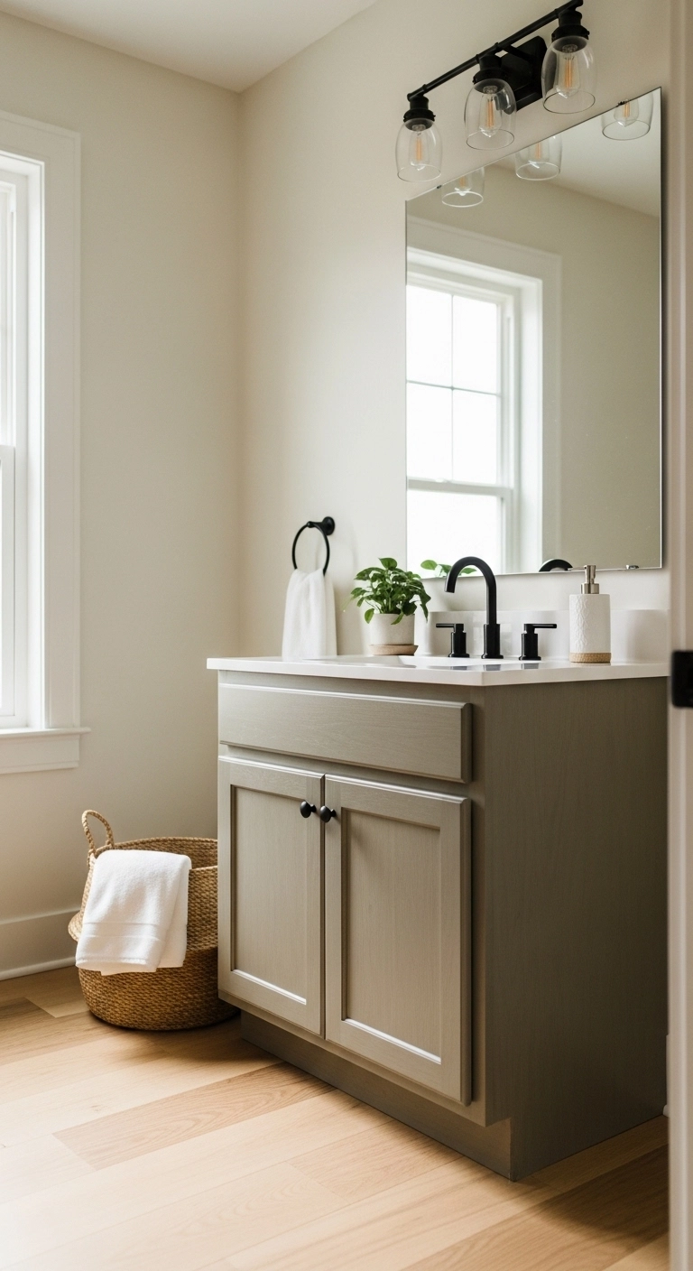 Farmhouse bathroom ideas with a painted wood vanity in a warm rustic bathroom