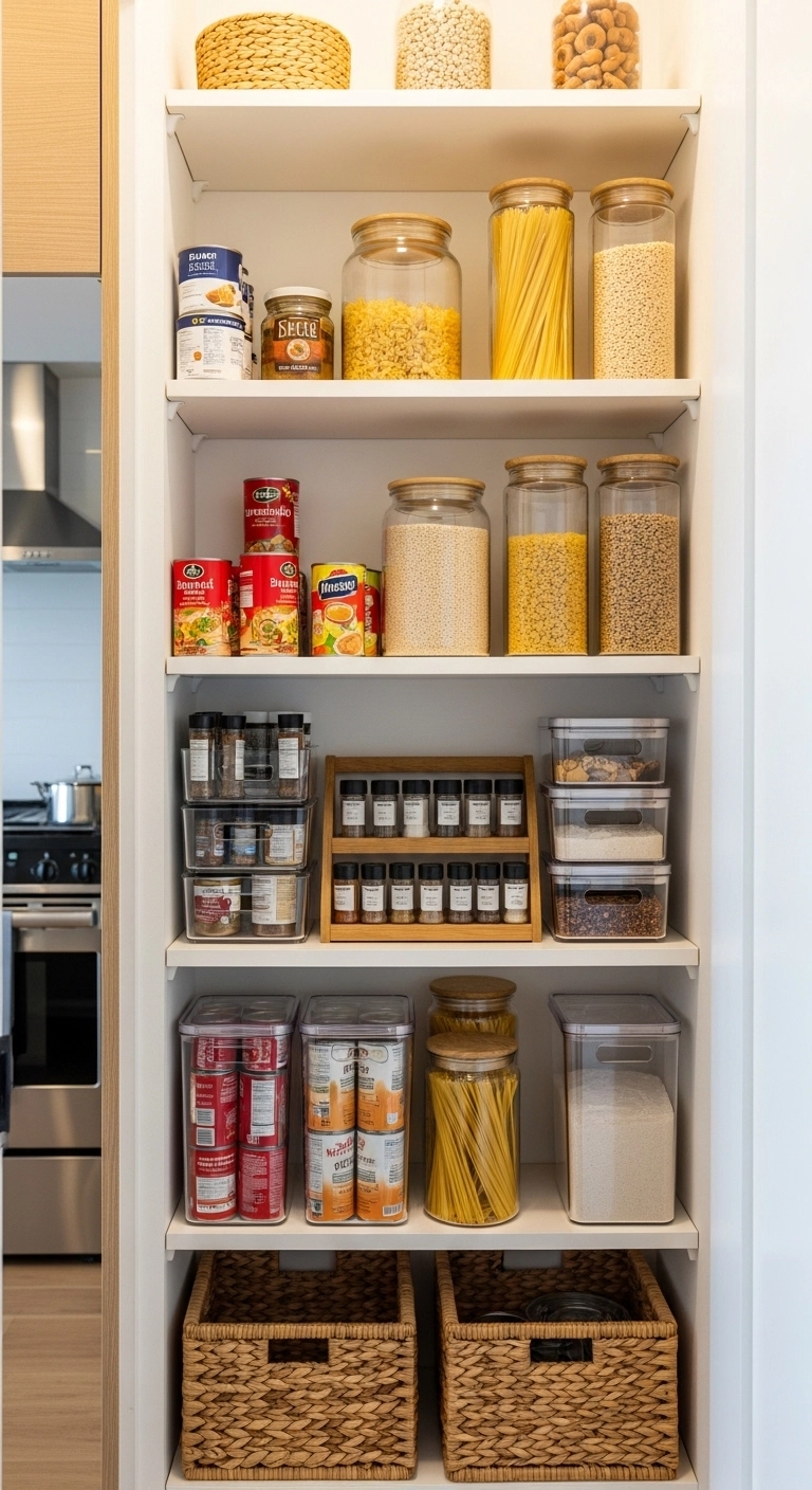 small pantry ideas with cleared shelves and grouped storage