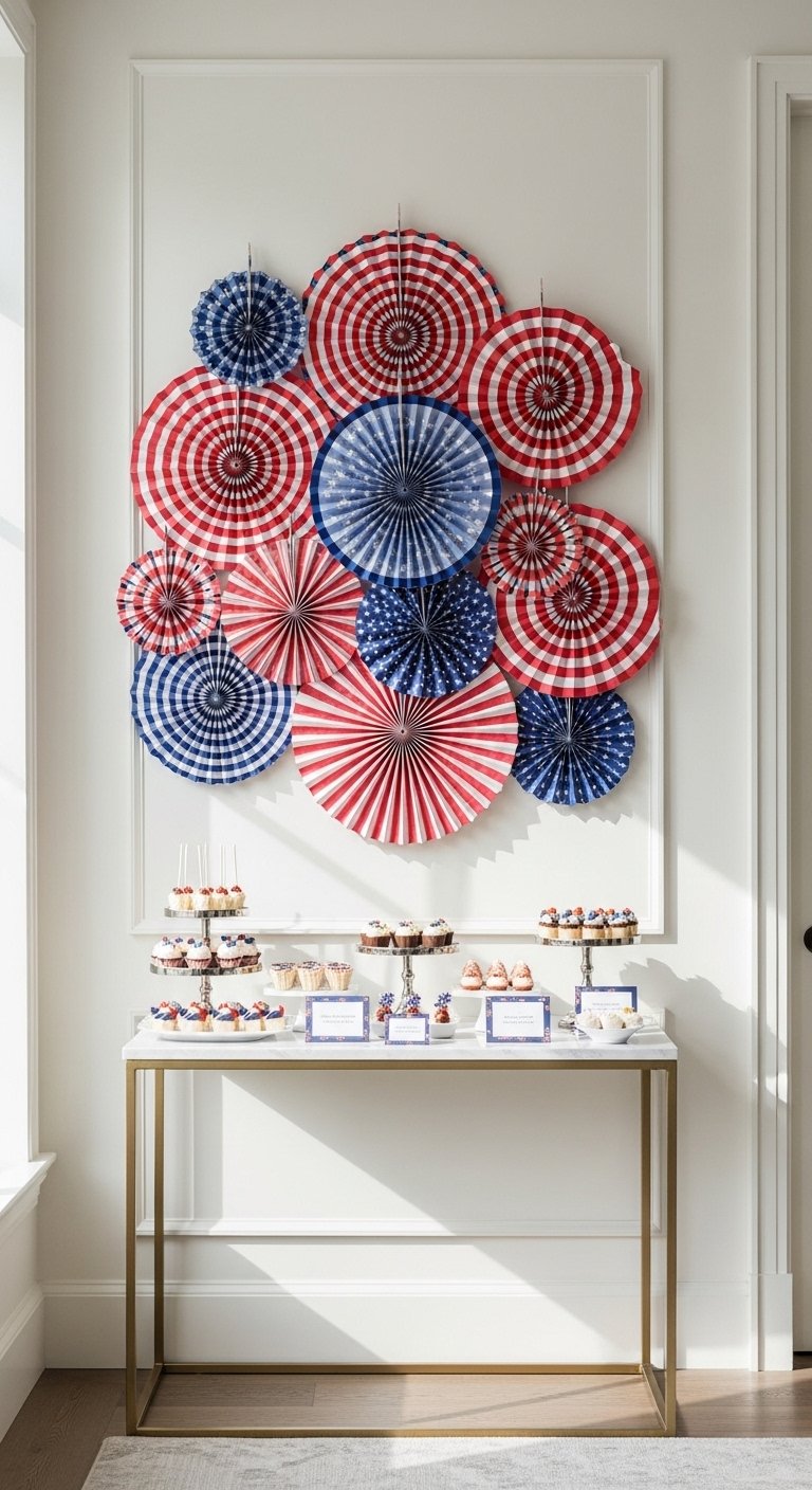 DIY 4th of July decorations with paper fan wall decor above a festive table