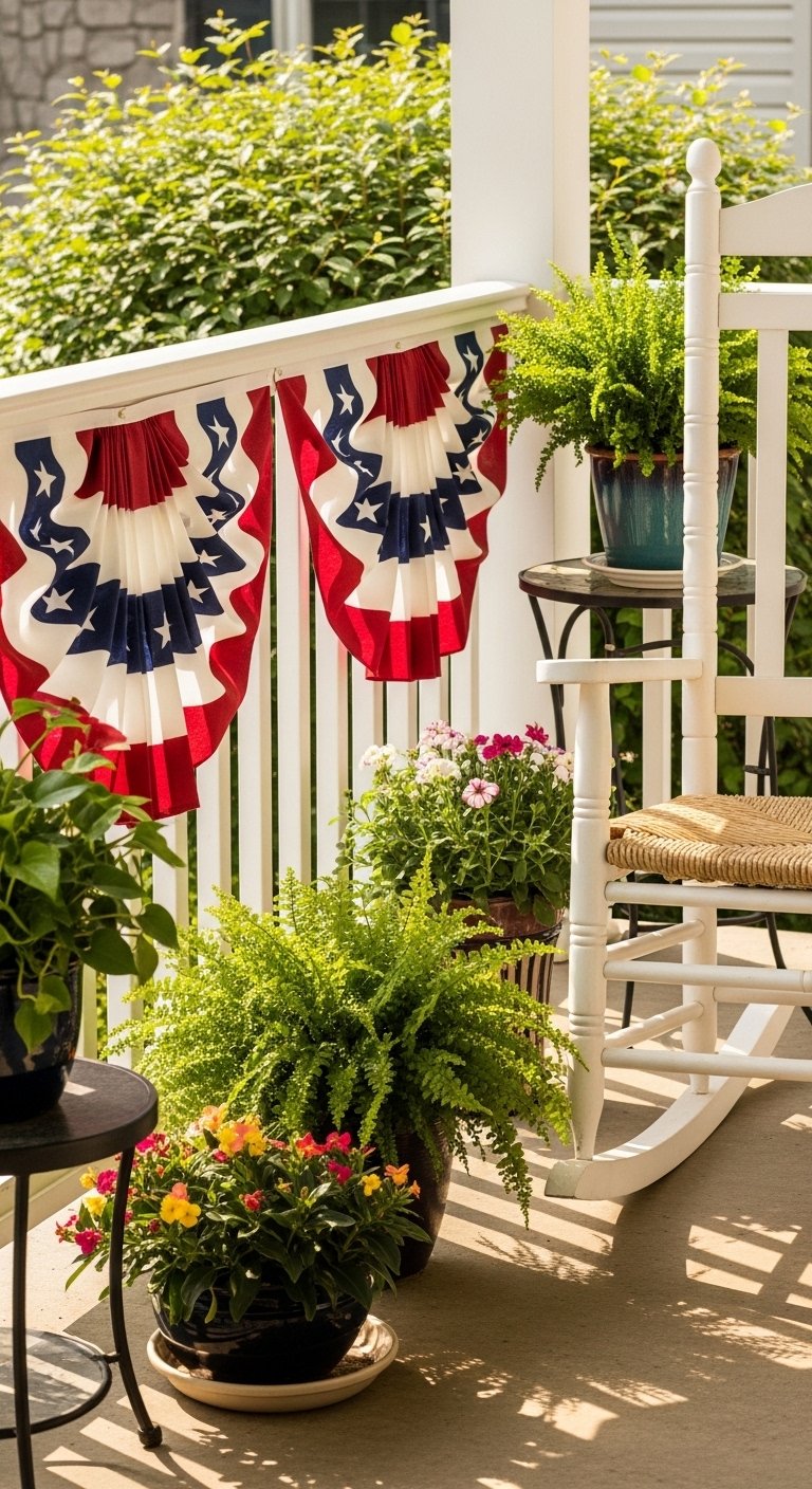 DIY 4th of July decorations with handmade fabric bunting on a front porch railing
