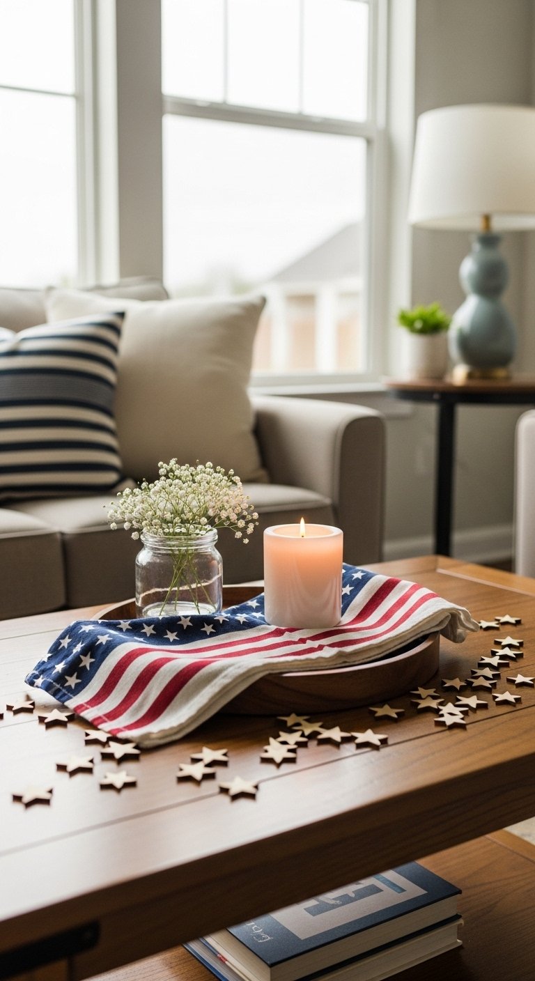 DIY 4th of July decorations styled on a patriotic tray in a cozy living room