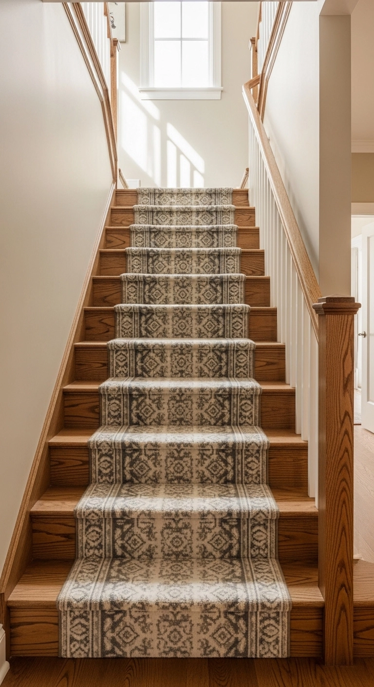 staircase decor ideas with a muted patterned stair runner