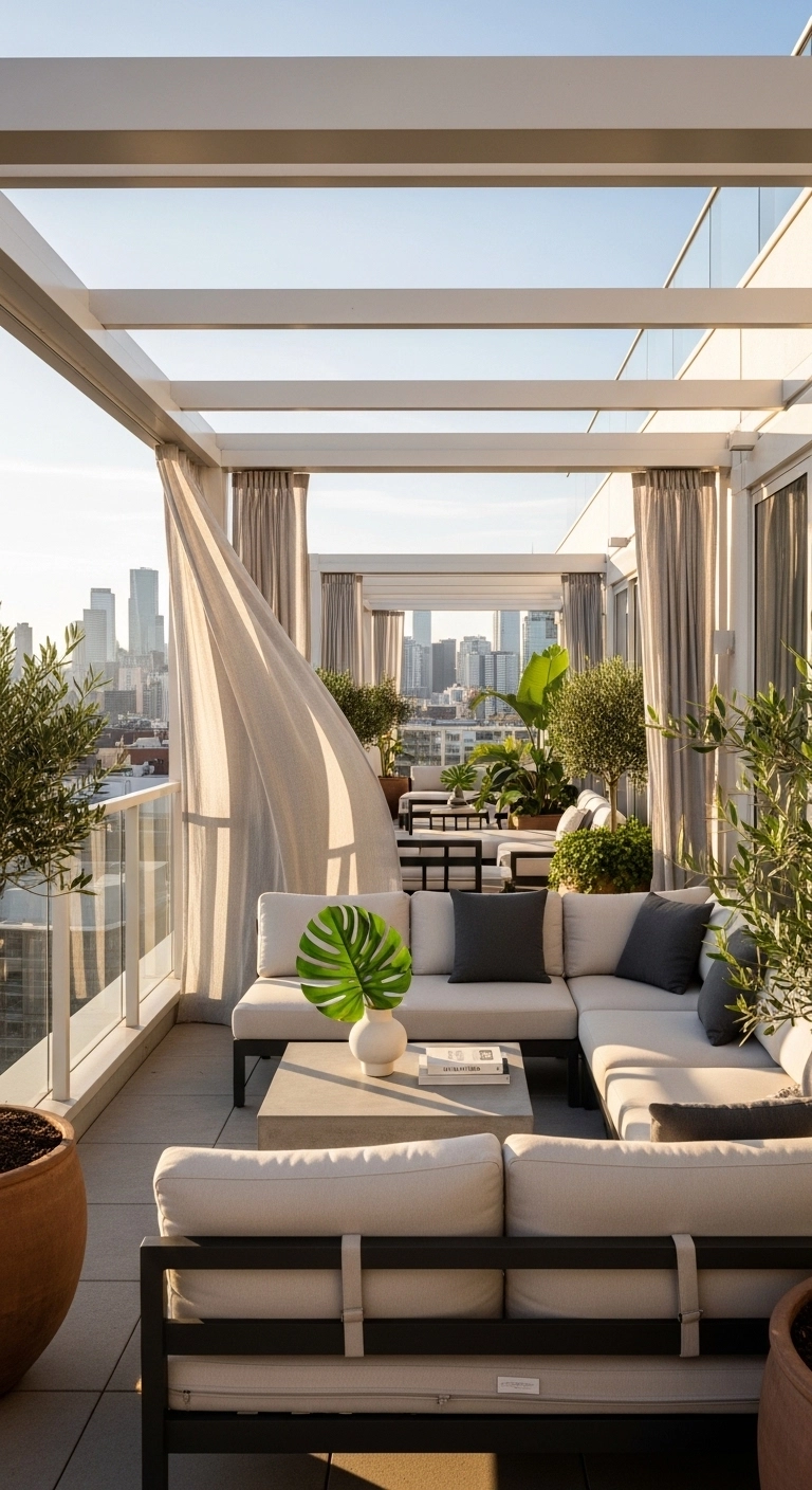 Balcony privacy ideas with a slim pergola and soft curtains on a spacious balcony