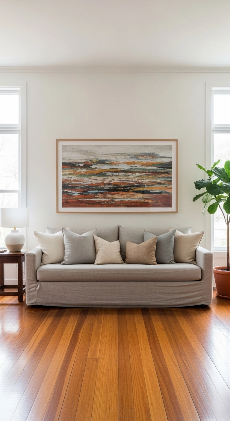 house decor with large framed wall art above a sofa