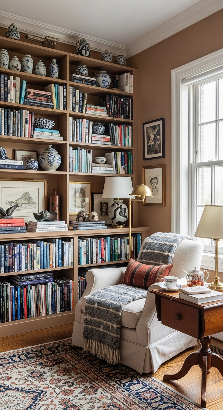 Library room ideas with personal decor and curated bookshelf styling