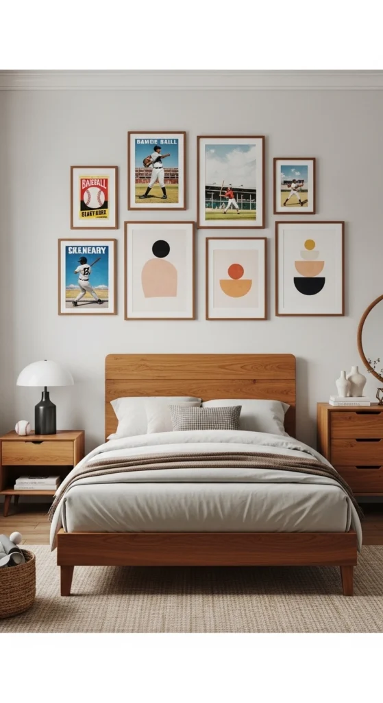 boys bedroom ideas with personal gallery wall and modern wood furniture