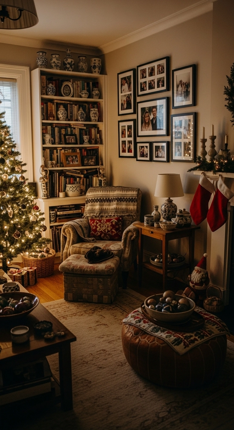 living room christmas decor with personal touches and holiday accents