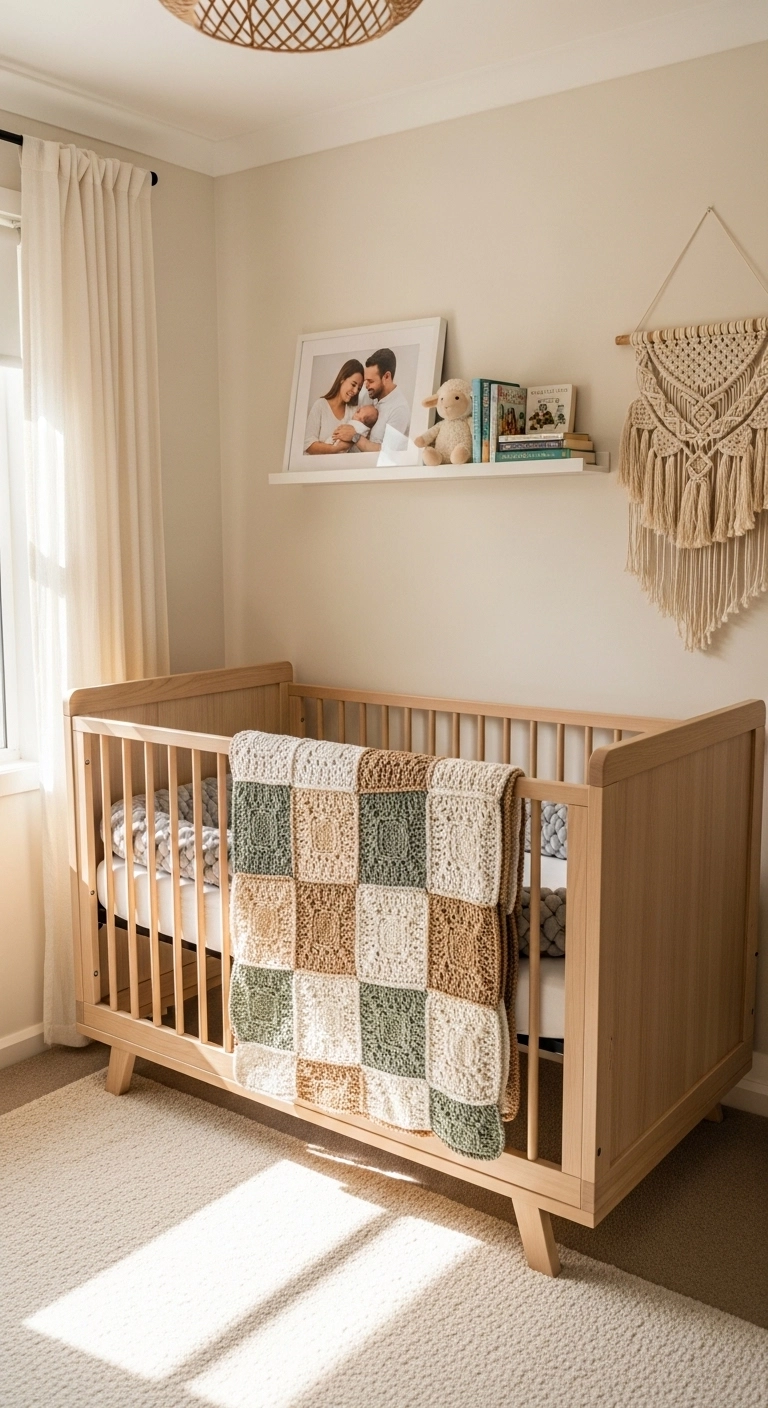 Baby nursery ideas with personal decor like family photos and handmade textiles