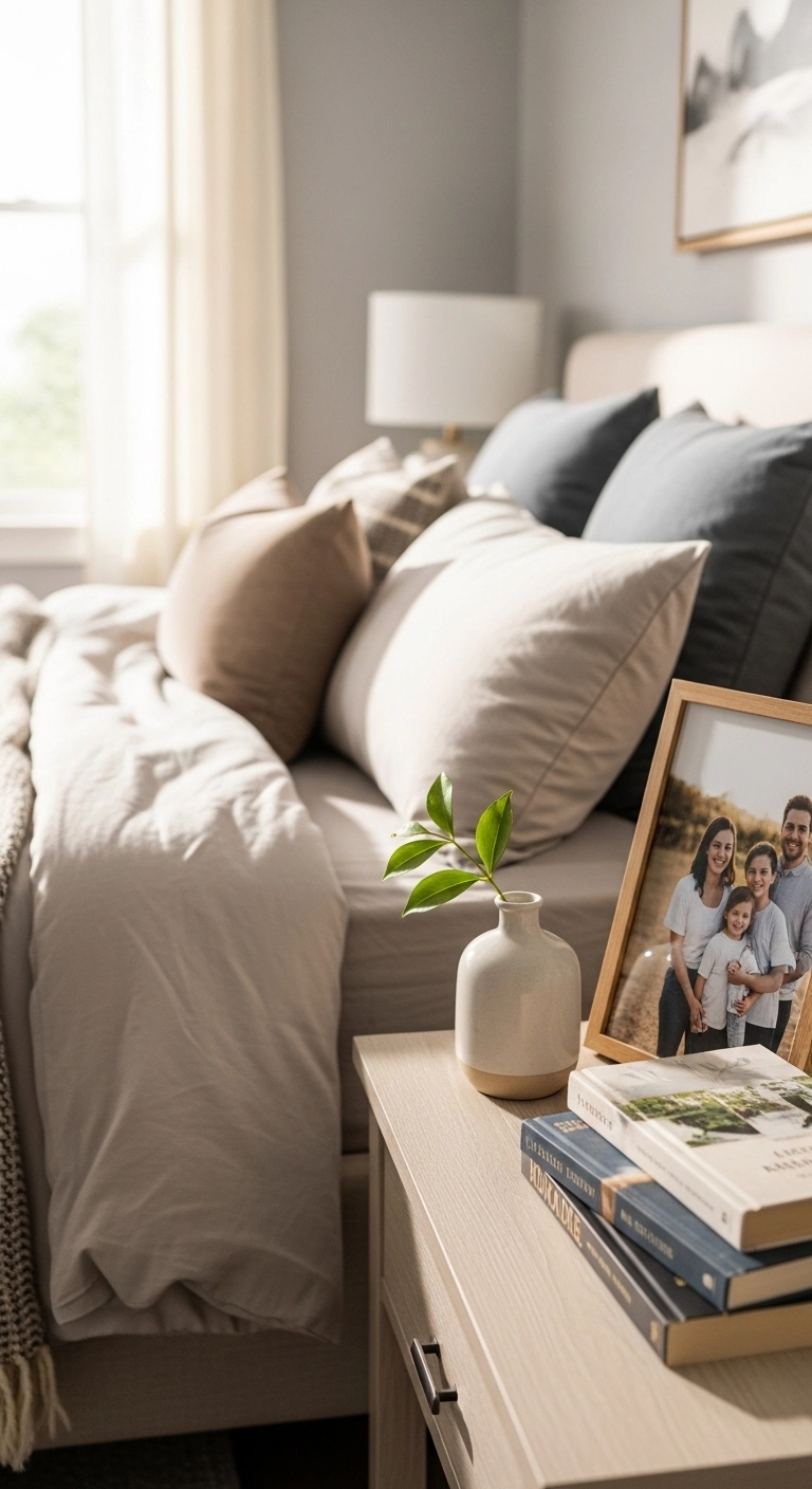 affordable bedroom ideas with personal decor touches in a warm bedroom