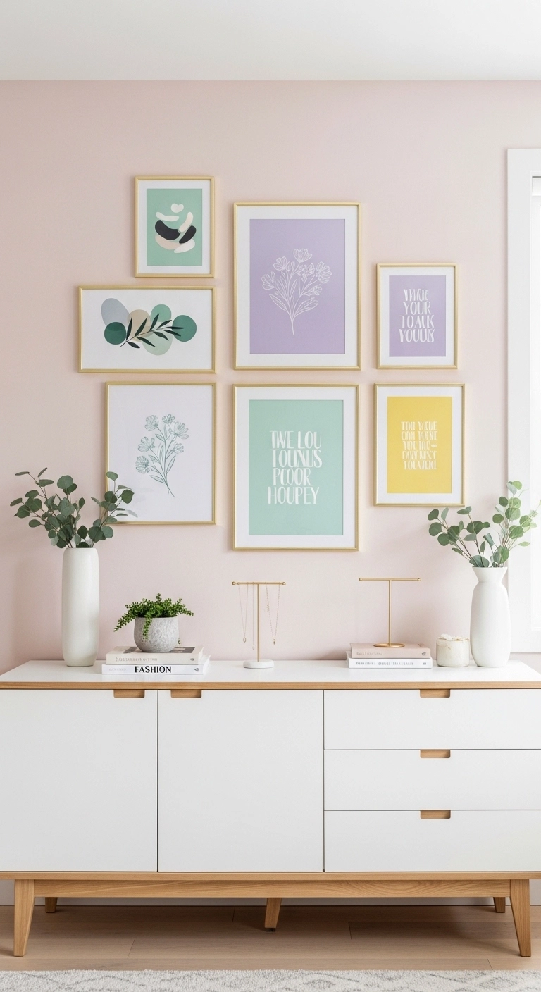girly room dcore ideas with framed wall art above a dresser