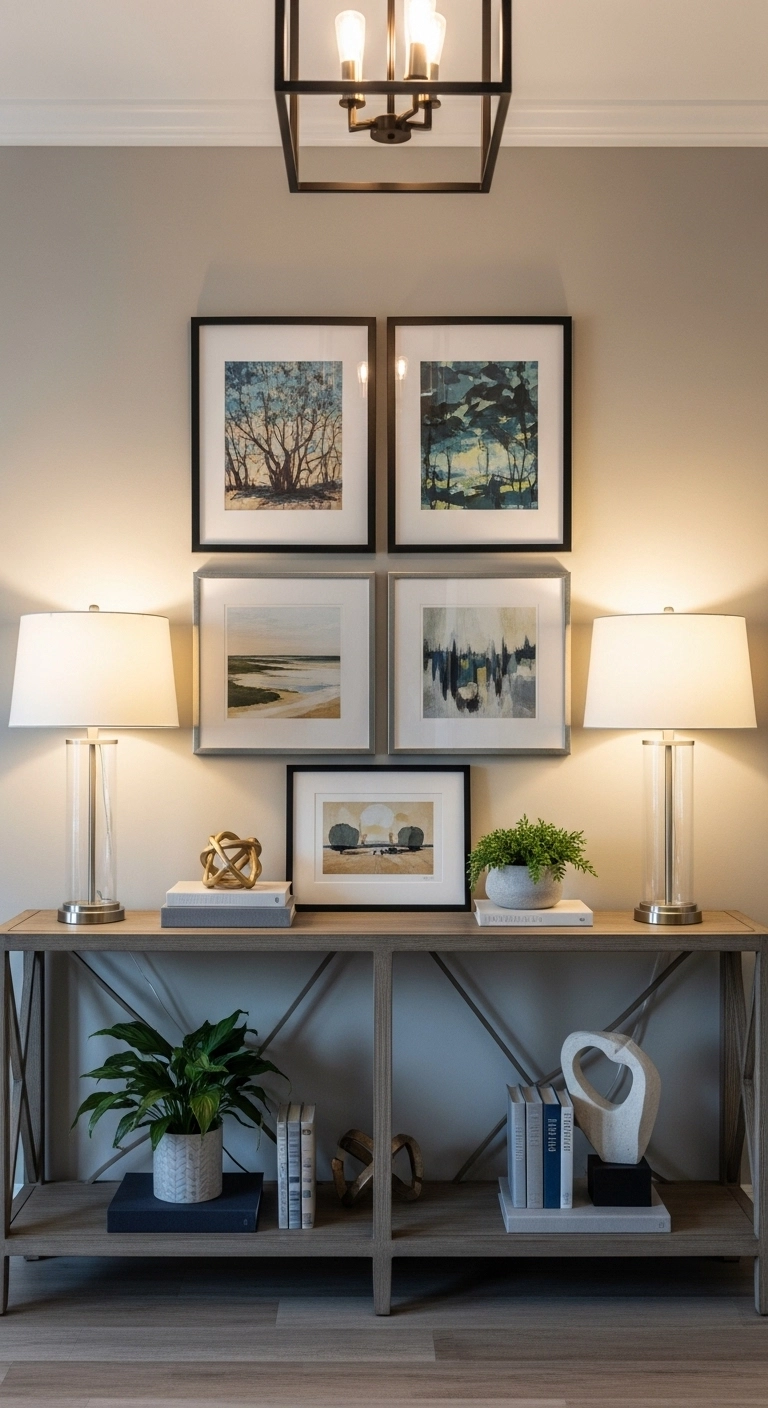 Entryway decor ideas with framed wall art above a console table